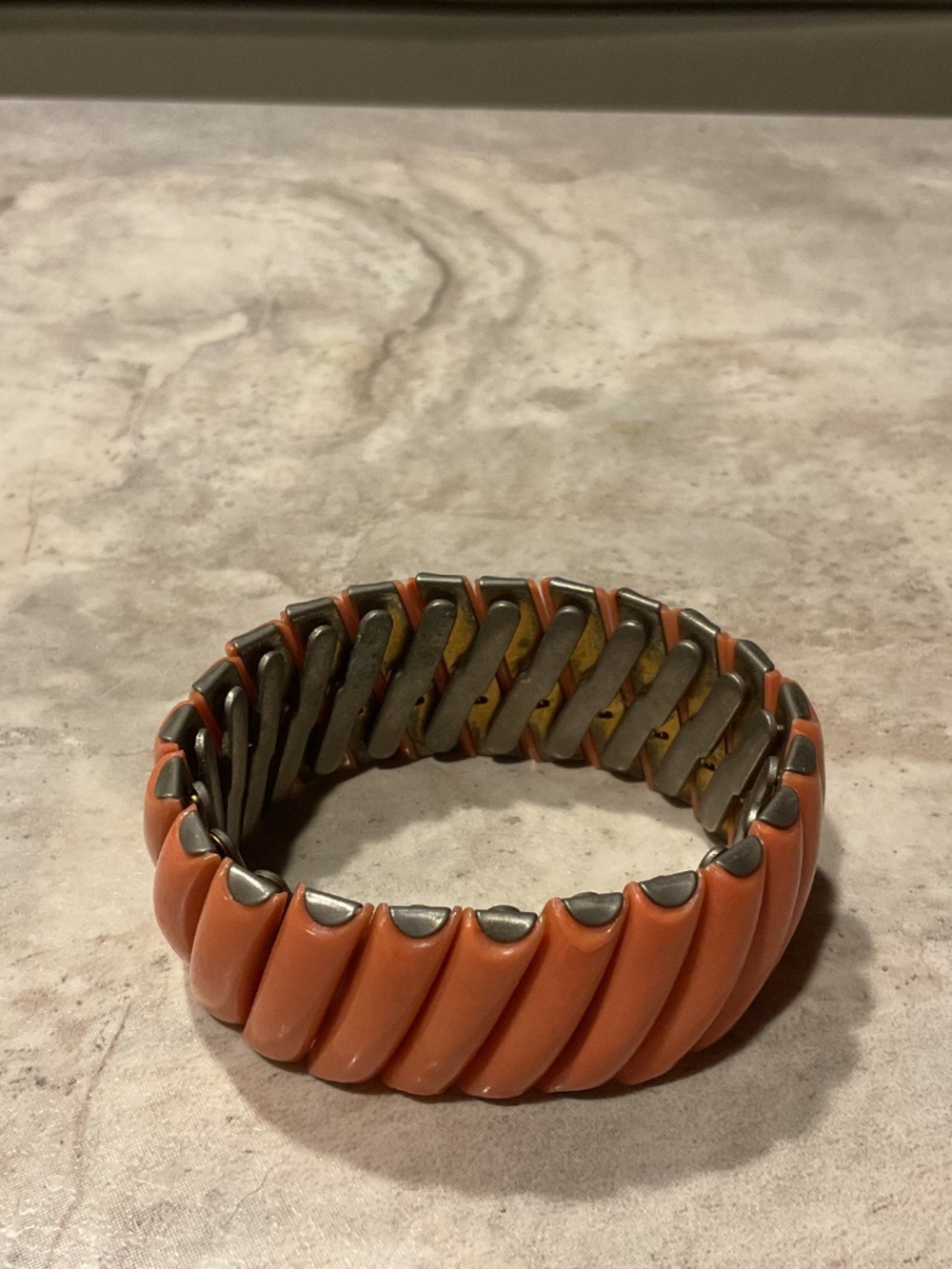 Thermoset Vintage Stretch Bracelet 1950’s Peach color 1” wide cuff